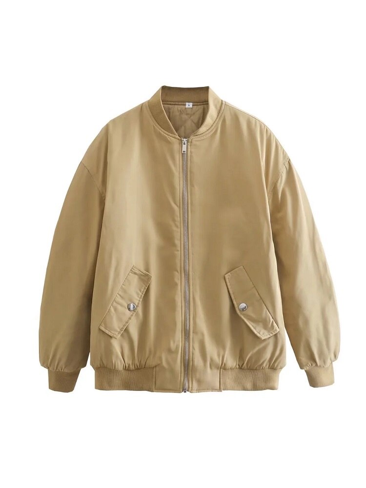 SUENTA Damen Bomber Übergangsjacke Übergroße Weiches Material Warm Khaki