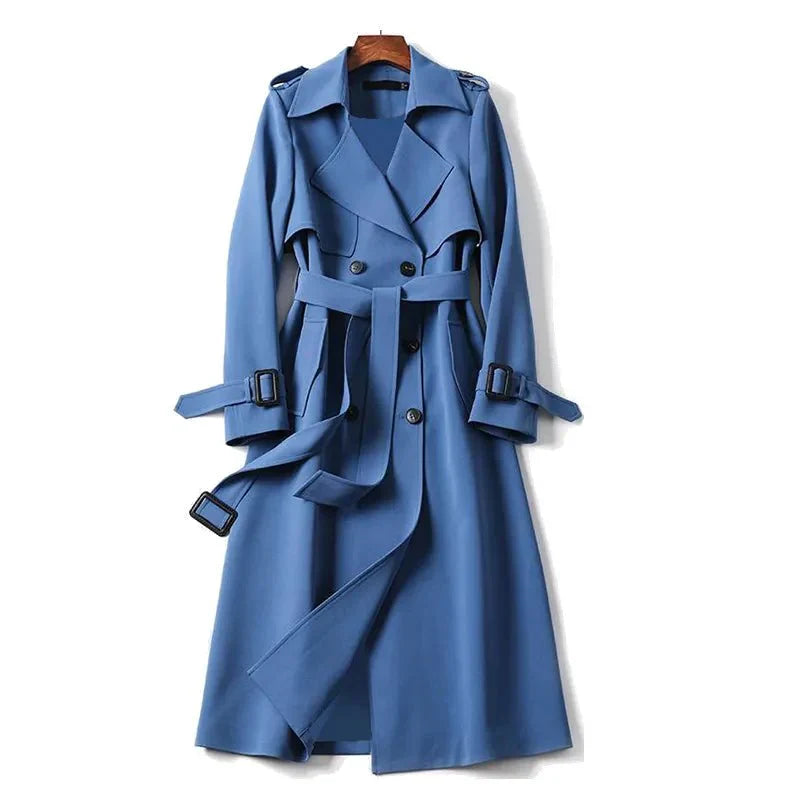 SUENTA Damen Lang Trenchcoat Elegante Figurschmeichelnde Silhouette - Winterjacke Damen Blau