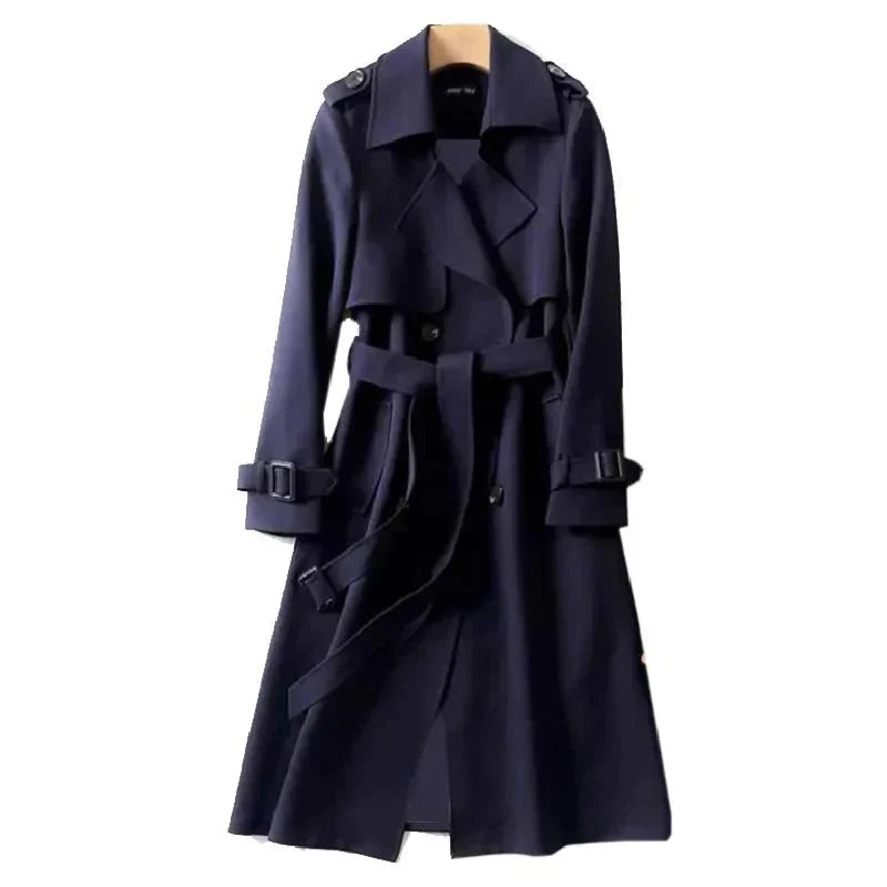 SUENTA Damen Lang Trenchcoat Elegante Figurschmeichelnde Silhouette - Winterjacke Damen Dunkelblau