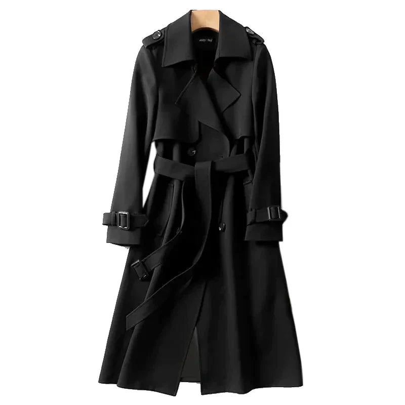 SUENTA Damen Lang Trenchcoat Elegante Figurschmeichelnde Silhouette - Winterjacke Damen Schwarz