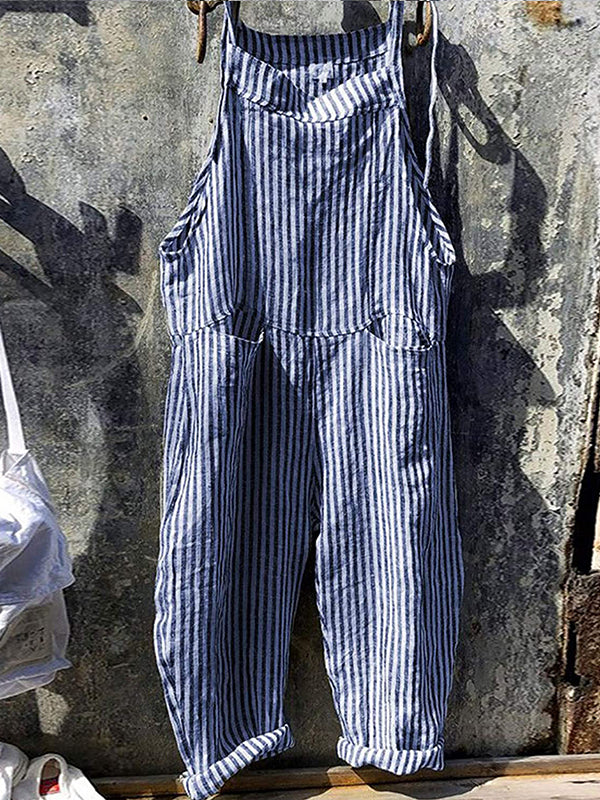 SUENTA Damen Gestreifte Latzhose – Overall mit Verstellbaren Spaghettiträgern Blau
