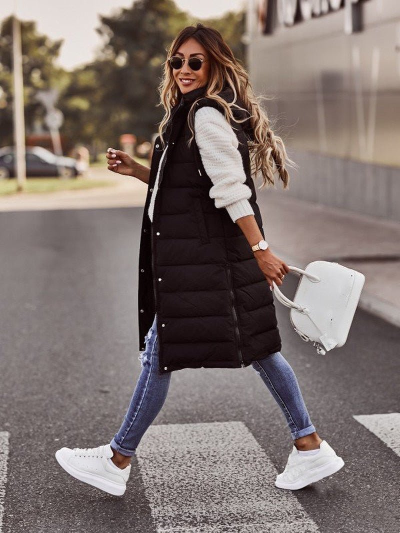 SUENTA Damen Bodywarmer-Weste Knielange Steppweste Lagenlook Warm Schwarz