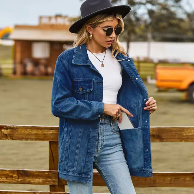 SUENTA Damen Jeansjacke – Denim Jacke mit Knopfverschluss Party Dunkelblau OHNE KAPUZE