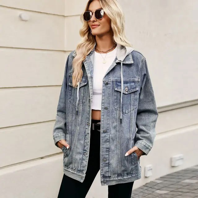 SUENTA Damen Jeansjacke – Denim Jacke mit Knopfverschluss Party Hellblau MIT KAPUZE