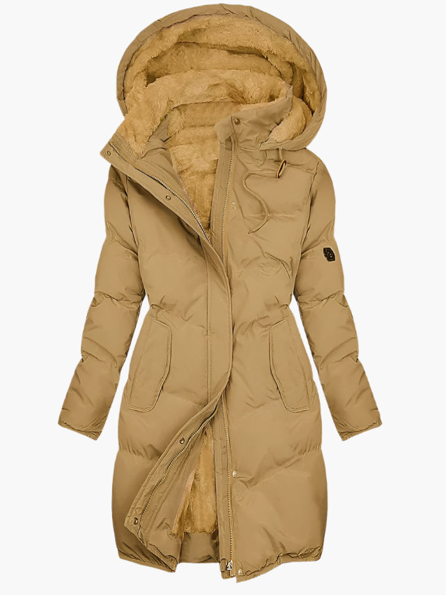 Umami | Damen Langer Wintermantel mit Kapuze und Kunstpelz