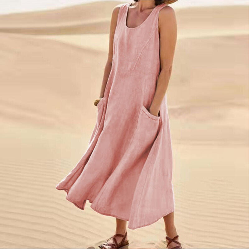 SUENTA Damen Sommerkleid mit Rundhals - Luftiges Midi-Kleid Rosa