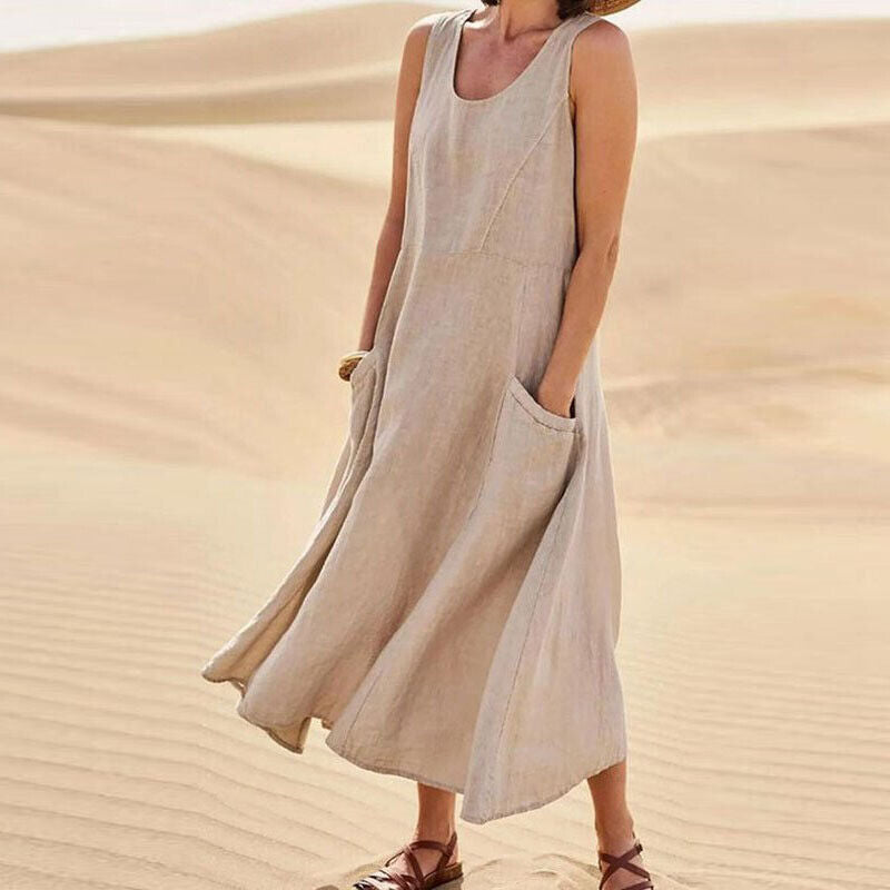 SUENTA Damen Sommerkleid mit Rundhals - Luftiges Midi-Kleid Khaki