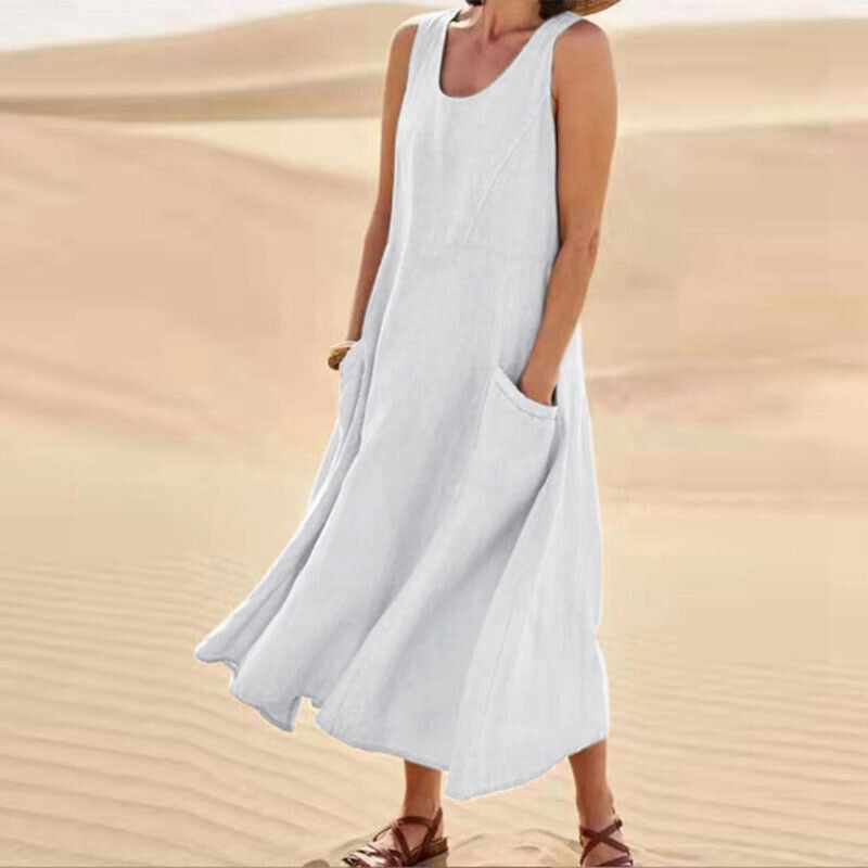 SUENTA Damen Sommerkleid mit Rundhals - Luftiges Midi-Kleid Weiß