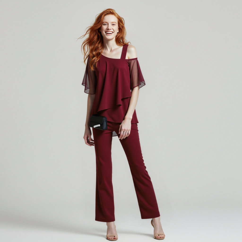 Cicada Damen Zweiteiler Satz | Eleganter Jumpsuit mit Cold Shoulder Bluse