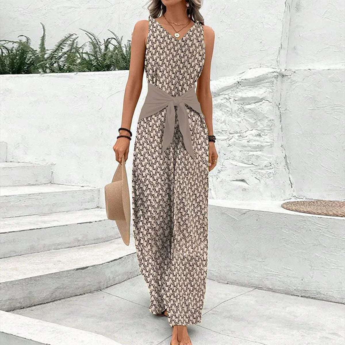 SUENTA Damen Jumpsuit Ärmelloser Schnitt Rundhalsausschnitt - Overall Braun