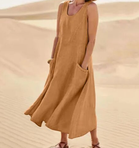 SUENTA Damen Sommerkleid mit Rundhals - Luftiges Midi-Kleid Braun