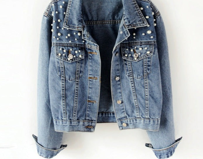 SUENTA Damen Denim Jeansjacke Mit Perlenverzierungen Alltagstauglich Blau Denim