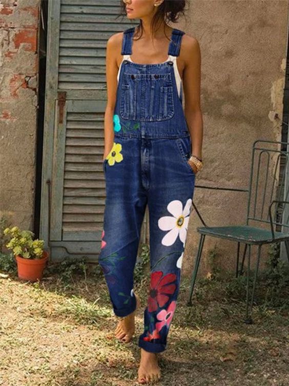 SUENTA Damen Latzhosen mit handgefertigten Blumenmotiven - Overall Dunkelblau