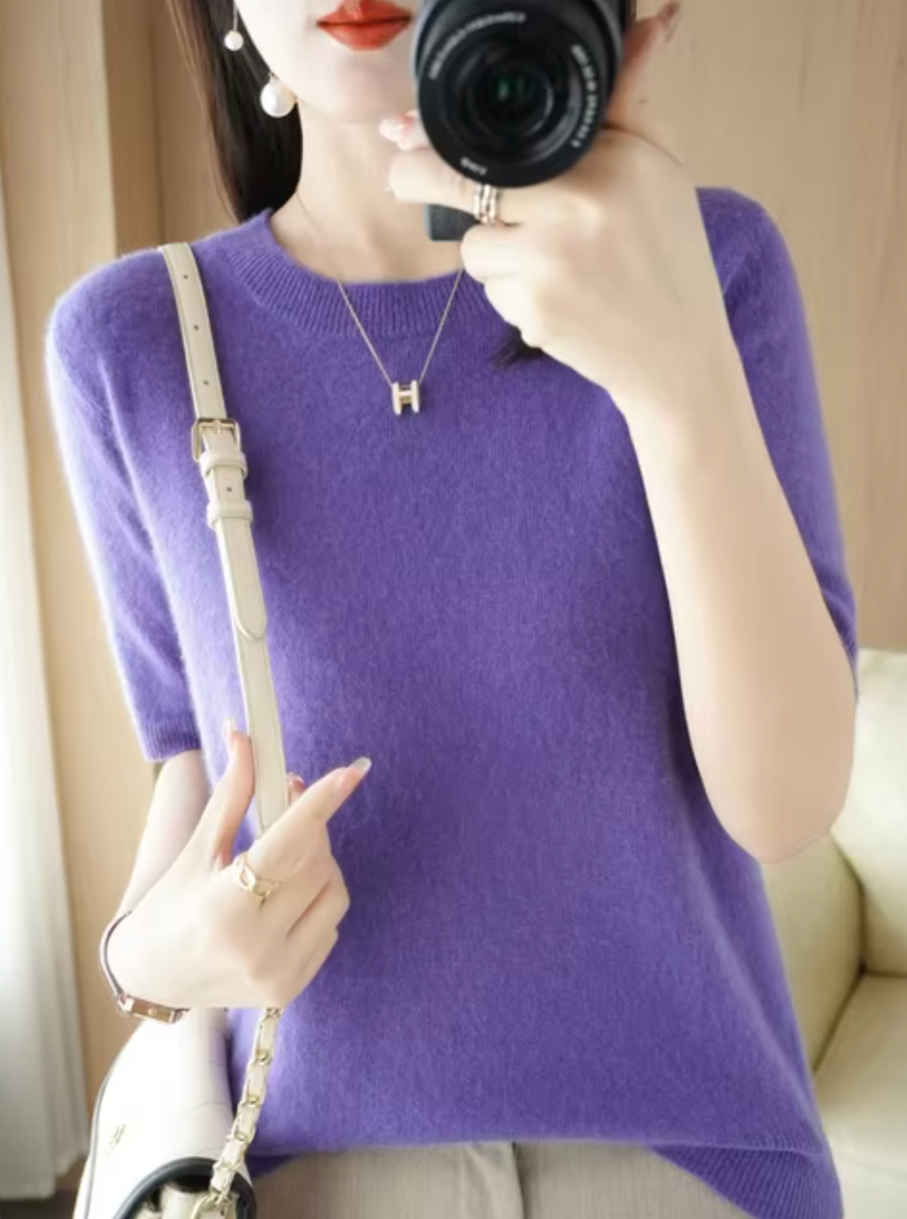 SUENTA Kurzärmliger Pullover aus Wolle Weiche Wärme Violett