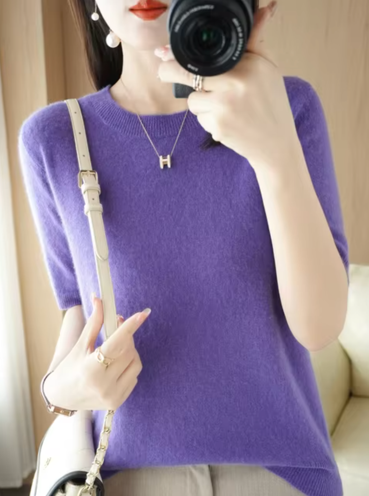 SUENTA Kurzärmliger Pullover aus Wolle Weiche Wärme Violett