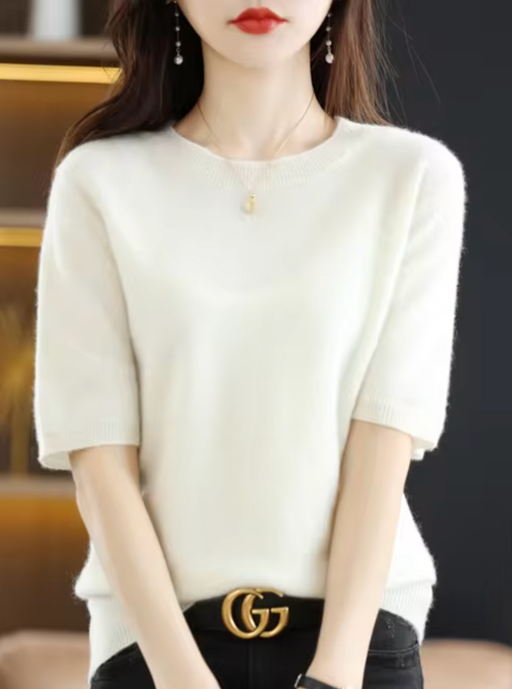 SUENTA Kurzärmliger Pullover aus Wolle Weiche Wärme Weiß