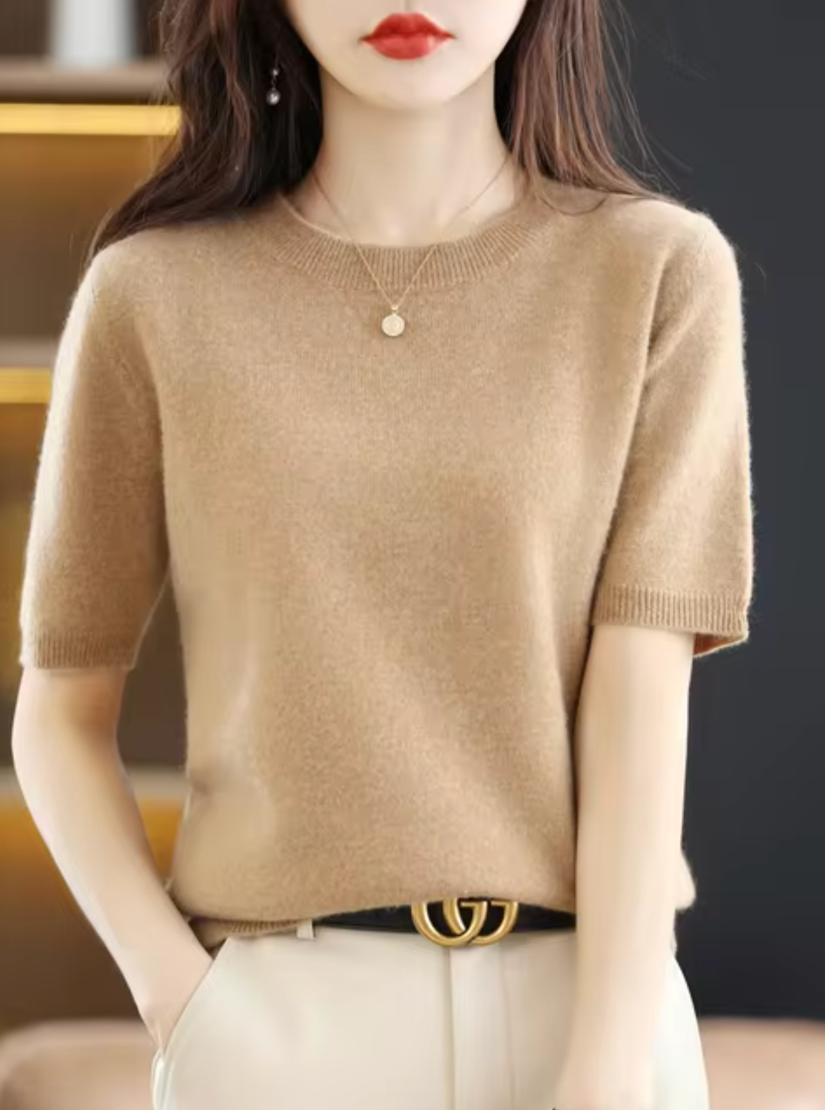 SUENTA Kurzärmliger Pullover aus Wolle Weiche Wärme Khaki