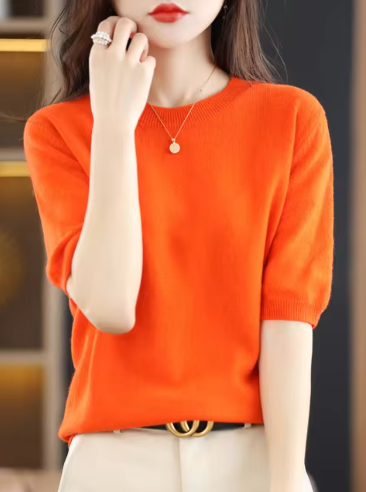 SUENTA Kurzärmliger Pullover aus Wolle Weiche Wärme Orange