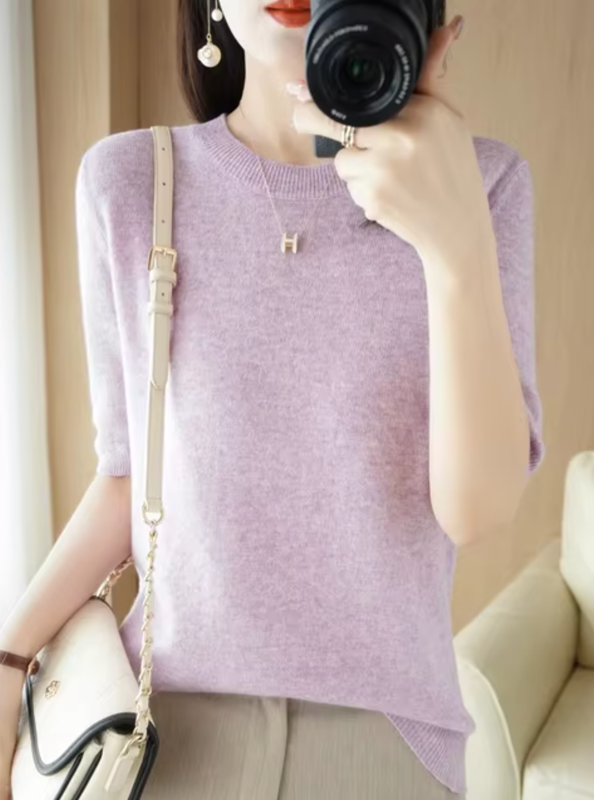 SUENTA Kurzärmliger Pullover aus Wolle Weiche Wärme Lavendel