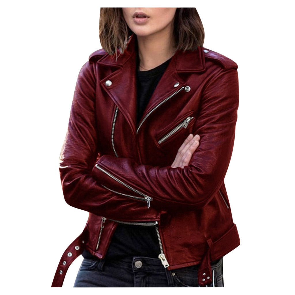 SUENTA Damen Lässige Bikerjacke für Damen Mit Reißverschluss Stil Weinrot