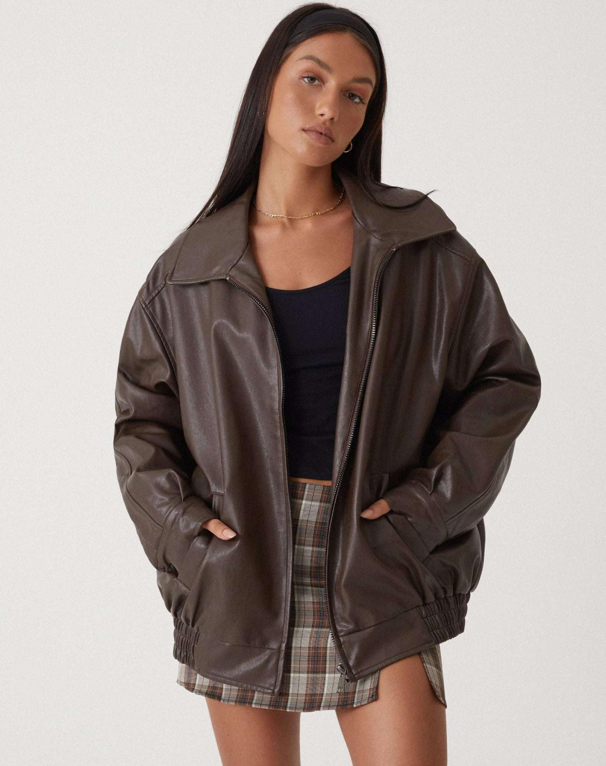 SUENTA Damen Elegante Oversized Lederjacke Für Jeden Anlass Jacke Braun