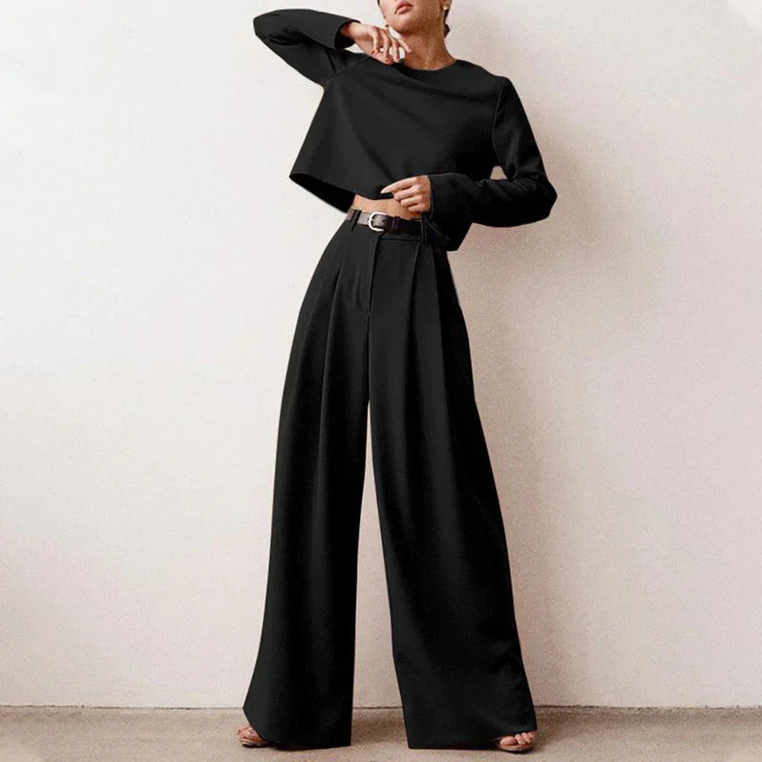 SUENTA Damen Palazzo Zweiteiler – Modisches Set mit Weiten Beinen in Einfarbigem Design