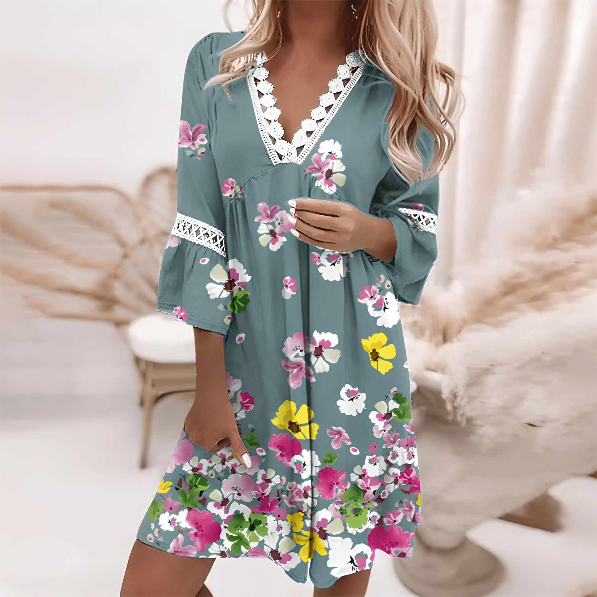 SUENTA Somiya Damenkleid - V-Ausschnitt mit raffinierten Details Türkis